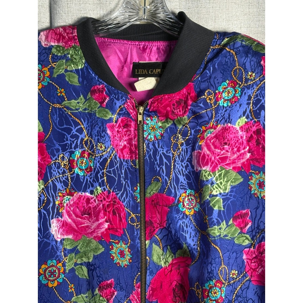 Vintage Lida Caputo Floral Bomber Jacket Blue Pink 2X Shoulder Pads Pockets 800